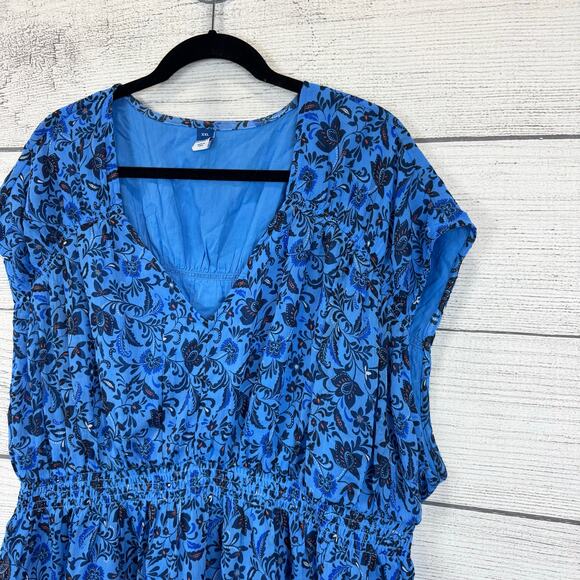 Old Navy Plus Size Blue Floral Printed V-Neck Waisted Blouse Size XXL - Picture 3 of 7